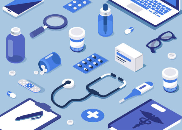 醫療產品範圍 Pharmacy concept. Modern 3d isometry image. Flat style isometric vector illustration.