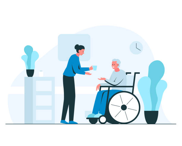Female nurse giving glass of water to elderly man in a wheelchair. Vector concept colorful illustration of young smiling nurse helping senior man in a wheelchair in a cozy interior with plants and flowerpots